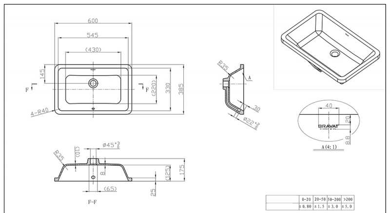 C22171W-ENG Накладная раковина под столешницу  овальная Bravat  - Вид №1