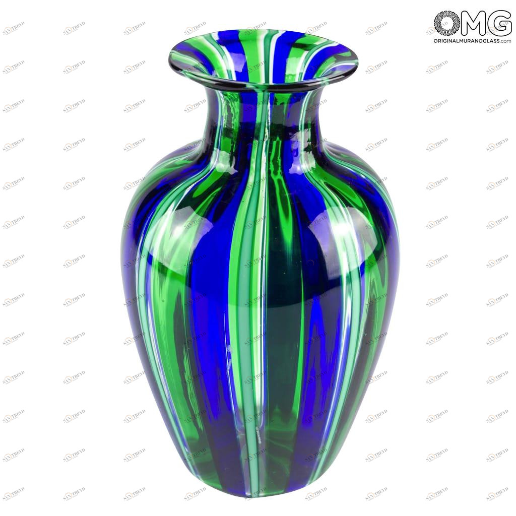 1509 ORIGINALMURANOGLASS Ваза Филигрань в сине-зелёную полоску - Муранское стекло 11 см 