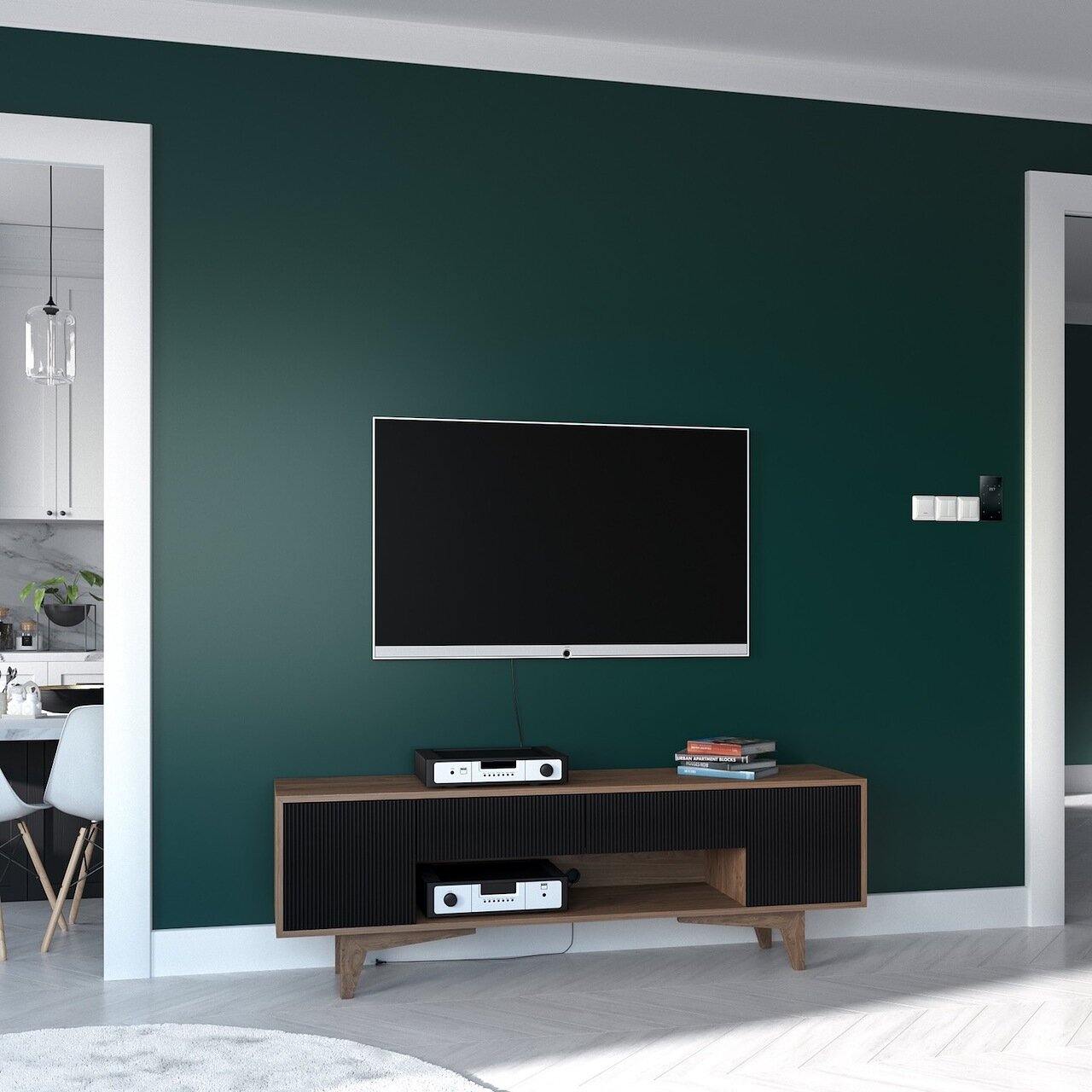 Тумба под телевизор с ящиками темная с рисунком на фасадах "Полоска" Telly BRAGIN DESIGN  256458 Черный  - Вид №1