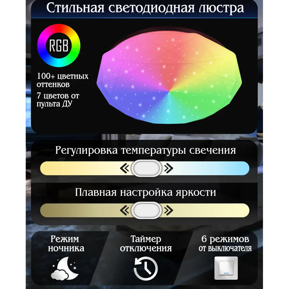 Светильник потолочный светодиодный с пультом управления 5 м² регулируемый цвет света цвет белый Natali Kovaltseva STLM-2093751 - Вид №2