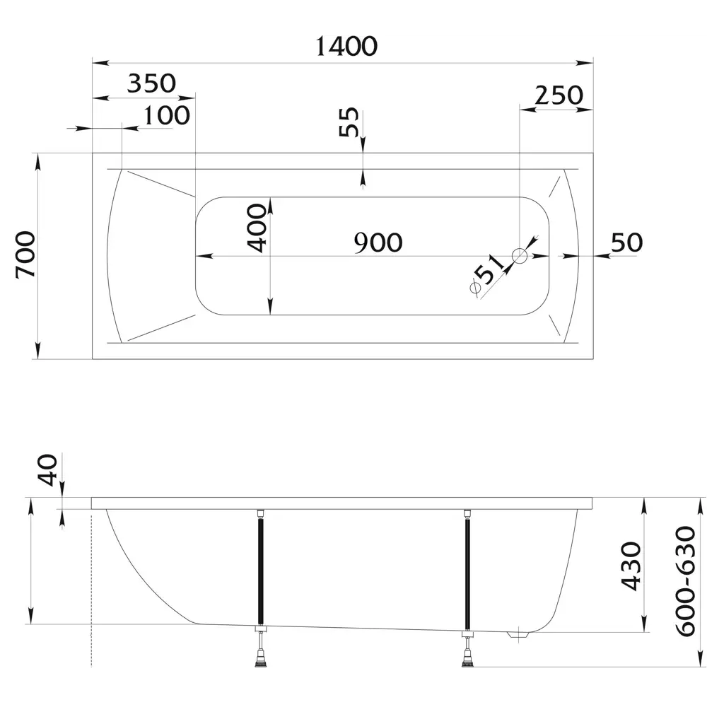 Ванна 100Acryl Ницца акриловая 140x70 см каркас в комплекте STLM-2168483 - Вид №11