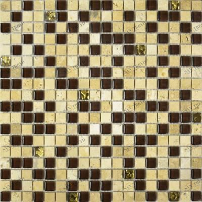 2029 мозаика микс травертин-коричневый-золото 300х300 чип 15х15 (0,09м) Роскошная мозаика 