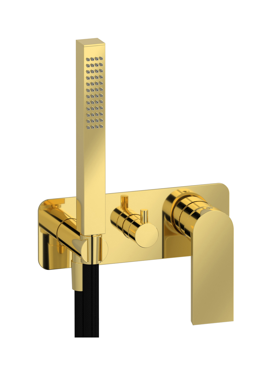 Внешние части встроенного в стену смесителя на 3 потребителя в комплекте с душевым гарнитуром. WE ARE IB k3314oo Gold K3