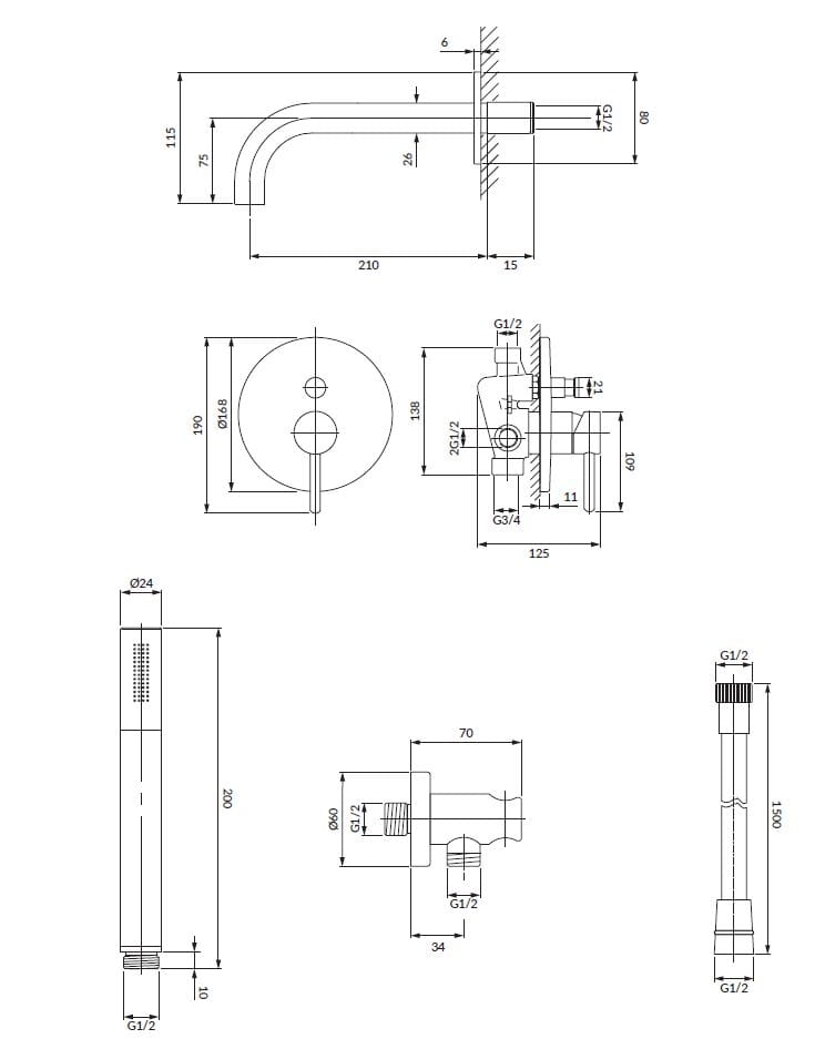 Настенный встраиваемый набор для ванны с ручным душем OMNIRES Y SYSYW01 ARCH-00061256 - Вид №8