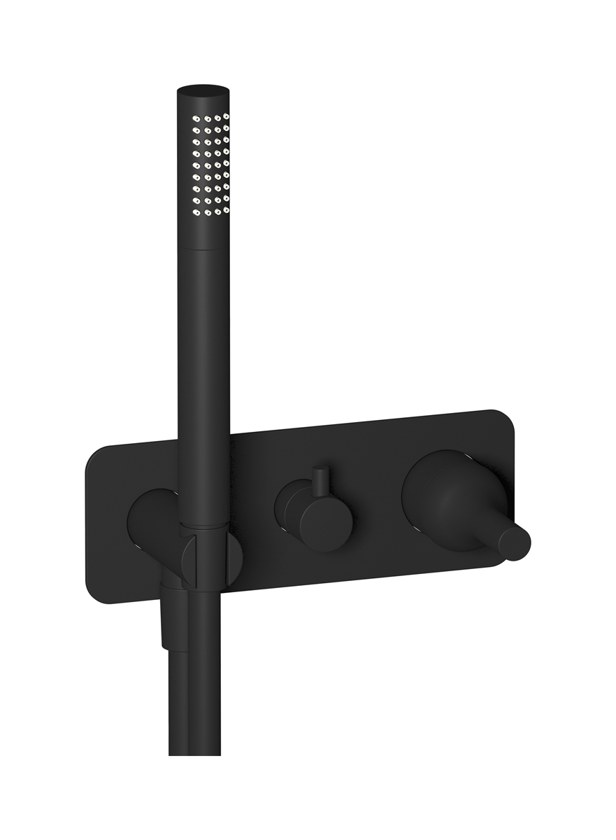 Внешние части встроенного в стену смесителя на 3 потребителя в комплекте с душевым гарнитуром. WE ARE IB bi314np Matt Black Batlo