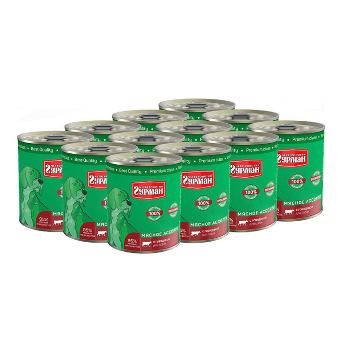 Т0055558*12 Корм для собак Мясное ассорти говядина конс. 340г (упаковка - 12 шт) ЧЕТВЕРОНОГИЙ ГУРМАН 