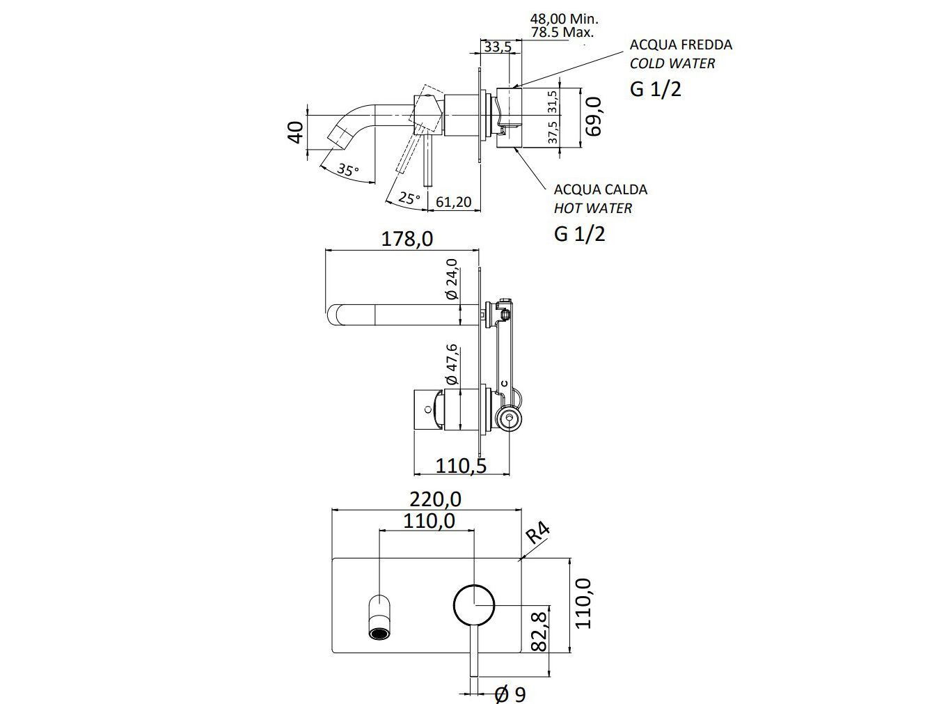 Однорычажный настенный смеситель для раковины с пластиной Rubinetterie Mariani Next ARCH-00060470 - Вид №2