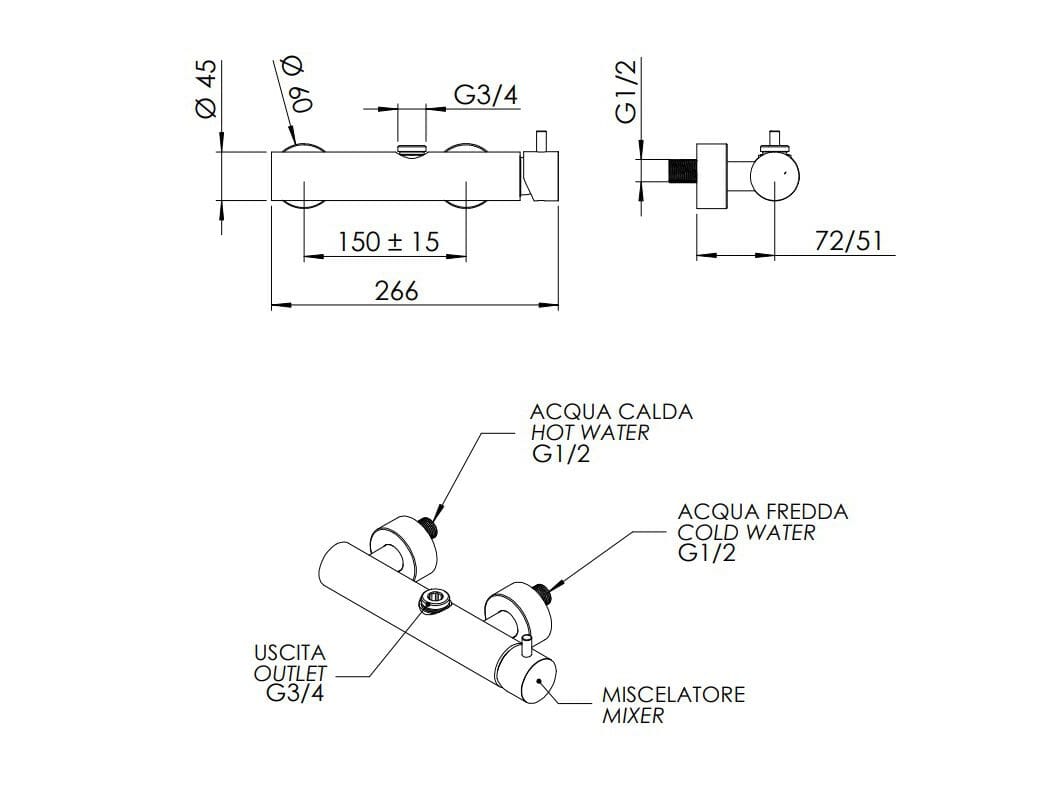 Настенный однорычажный смеситель для ванны Rubinetterie Mariani Next ARCH-00024548 - Вид №2