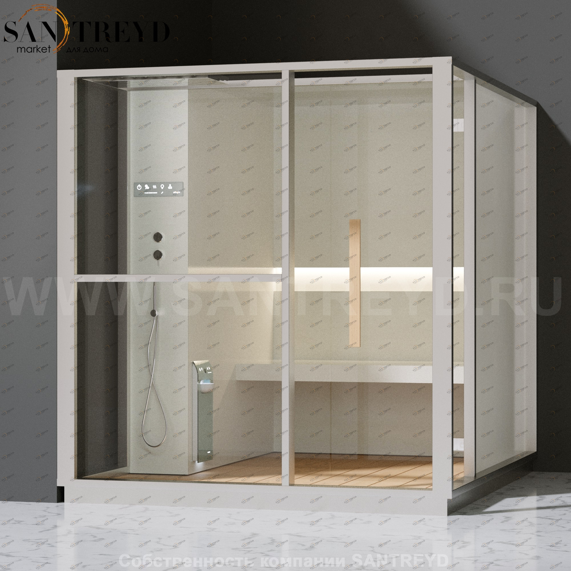 Effegibi LOGICA H LO30020006 Хаммам. Установка: в левый угол. Левая дверь. Мощность: 4,5 кВт макс. Размеры: длина 214 см, ширина 250 см. Отделка: матовый лакированный белый аллюминий и серый ламинат из керамогранита.