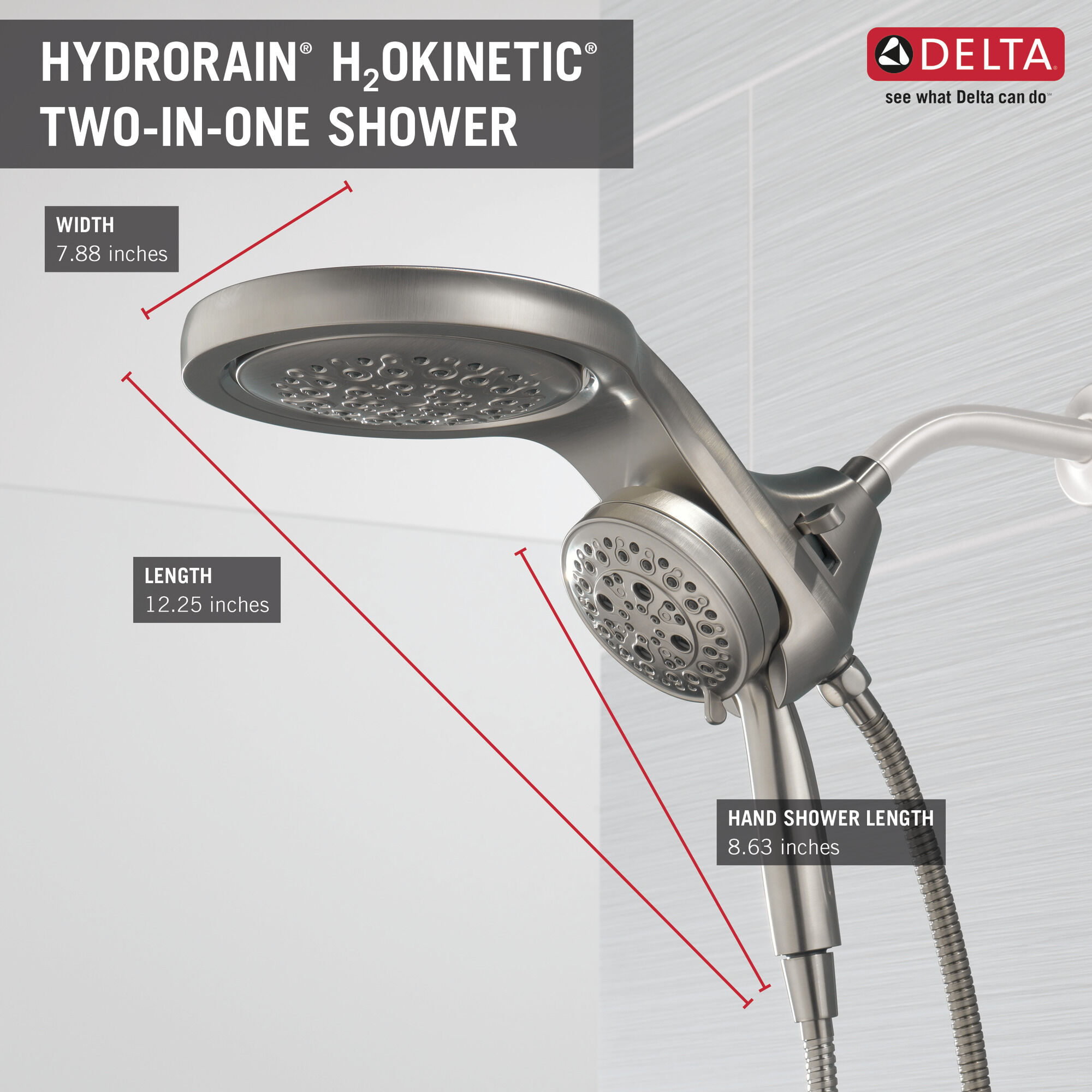 58680-SS HydroRain® H2Okinetic® 5-регулировочная душевая лейка два в одном Delta Faucet Universal Showering Нержавеющая сталь  - Вид №13
