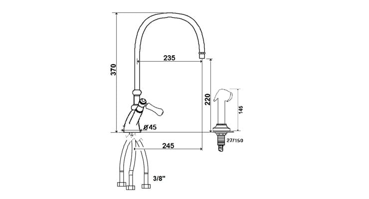 Смеситель для кухни с 2 отверстиями на столешнице со съемным ручным душем rvb 1935 Лимож ARCH-00093738 - Вид №1