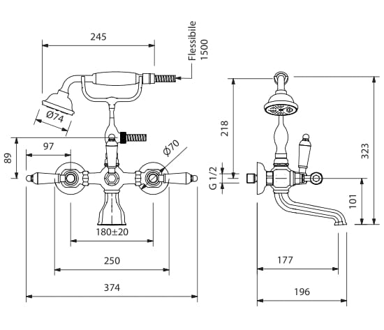 Настенный смеситель для ванны с 2 отверстиями и ручным душем Park Avenue Caruso ARCH-00121251 - Вид №2