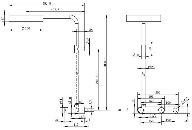 Душевая стойка со встраиваемым термостатическим смесителем, верхним душем 250 мм, ручным душем CEZARES MOON-CD-TA250-01 - Вид №2