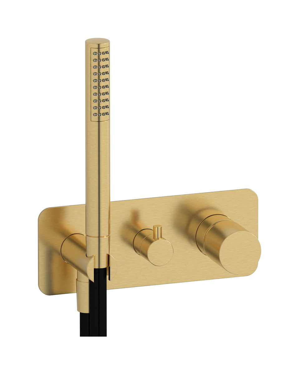 Внешние части встроенного в стену смесителя на 2 потребителя в комплекте с душевым гарнитуром. WE ARE IB rr313os Brushed Gold Brera