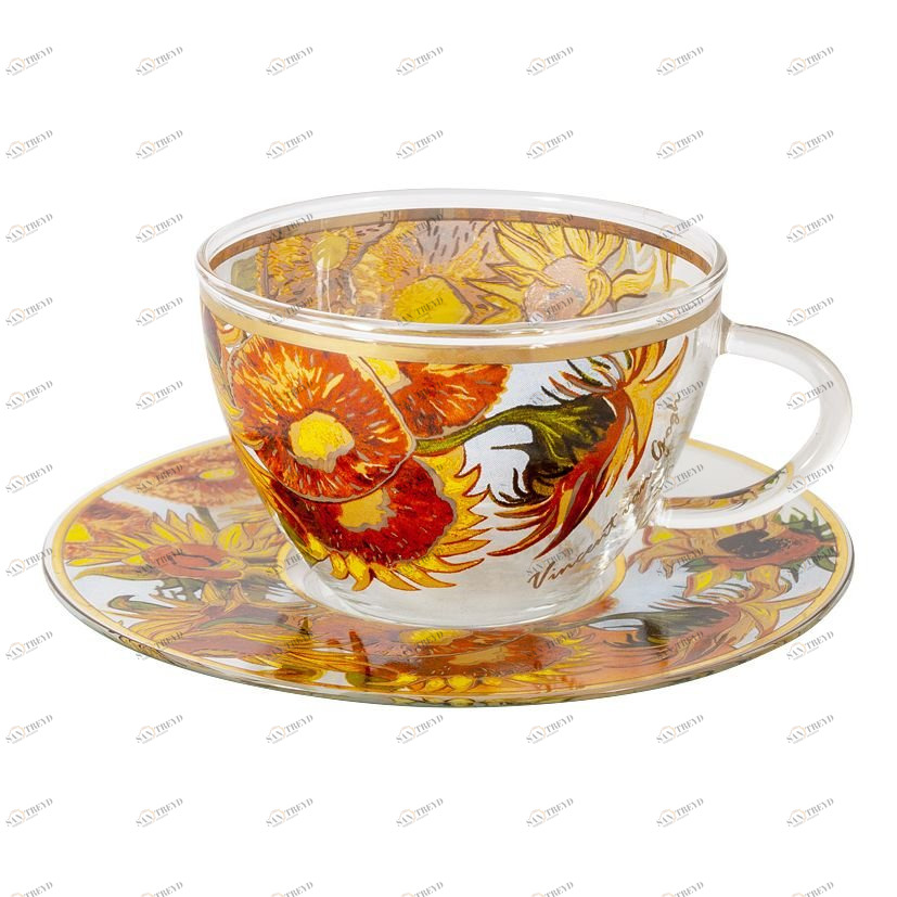 Чашка стеклянная с блюдцем синяя с оранжевым в подарочной упаковке "Подсолнухи" (В. Ван Гог) CARMANI В. ВАН ГОГ 00-3946868 Оранжевый;синий 