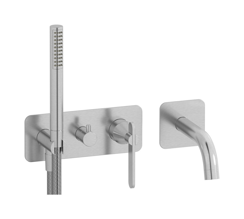 Настенный смеситель для ванной на дивертером и душевым гарнитуром. WE ARE IB so060cf Brushed Nickel Soho
