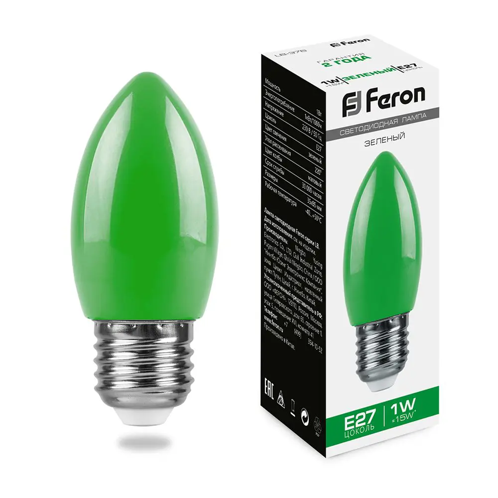 Лампа светодиодная Feron E27 LB-376 230 В 1 Вт свеча зеленый цвет света STLM-2029871 - Вид №1