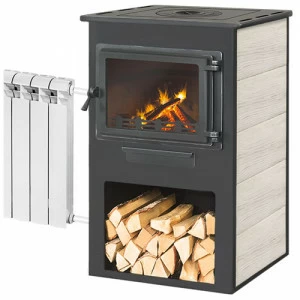 Печь-камин Этна (Панорама) с плитой и Т/О "Бежевая" высокая