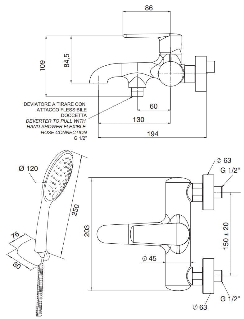 Латунная однорычажная настенная ванна Rubinetterie Mariani Harmony ARCH-00107046 - Вид №3