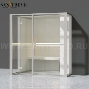 Effegibi LOGICAFILO H LO31020015 Хаммам. Установка: в правый  полуугол. Правая дверь. Мощность: 4,5 кВт макс. Размеры: длина 214 см, ширина 250 см. Отделка: матовый лакированный белый аллюминий и серый ламинат из керамогранита.