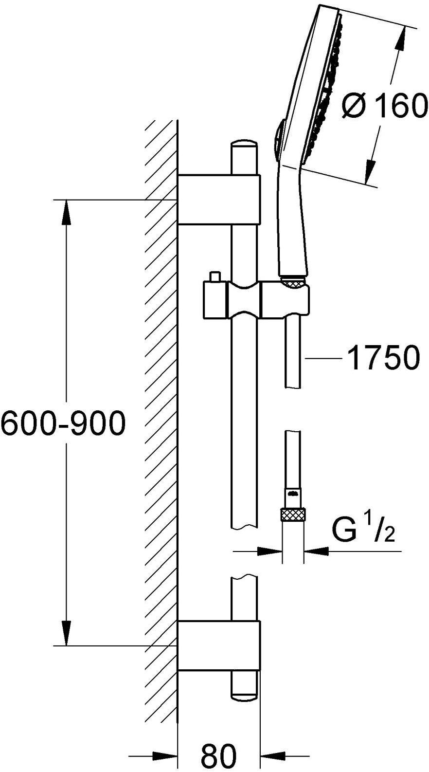 Душевой гарнитур GROHE Power&Soul Cosmopolitan 160 (ручной душ, штанга 900 мм, шланг 1750 мм) с ограничением расхода воды, хром (27746000) - Вид №1