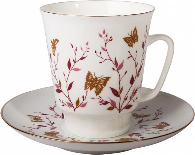 80296 Императорский фарфоровый завод Чашка с блюдцем "Розовые веточки с отв." "Майская" Фарфор костяной 