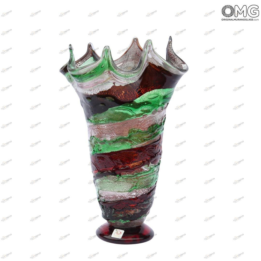 2006 ORIGINALMURANOGLASS Красно-зелёная ваза сбруффи - муранское стекло OMG 21 см 