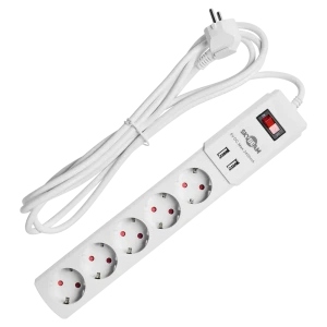 Удлинитель бытовой Skybeam 3x1.5 3 м 5 розеток с заземлением 3680 Вт с USB и выключателем цвет белый