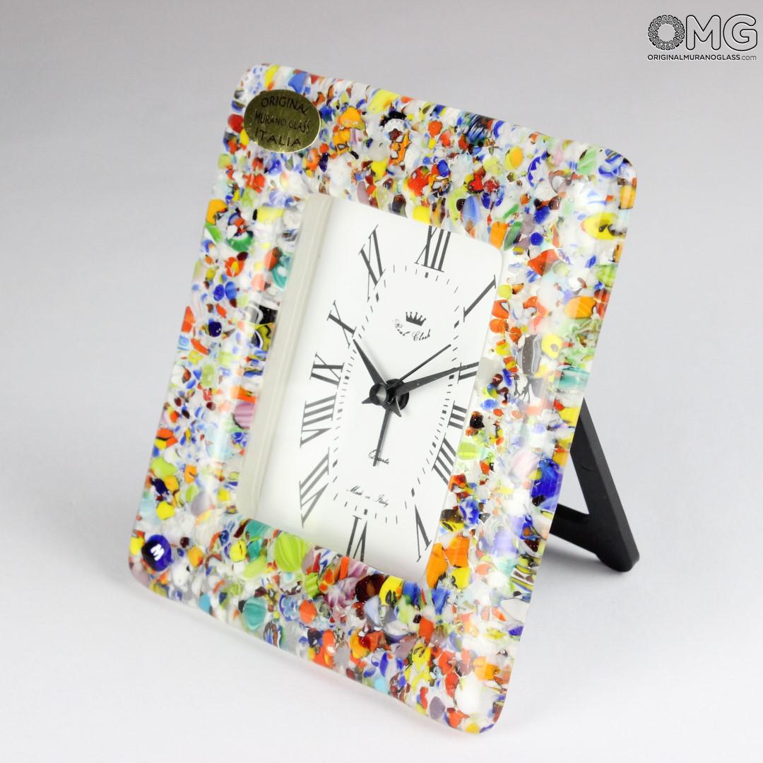 2716 ORIGINALMURANOGLASS Настольные часы с будильником - белые миллефиори - Original Murano Glass OMG 11 см  - Вид №1