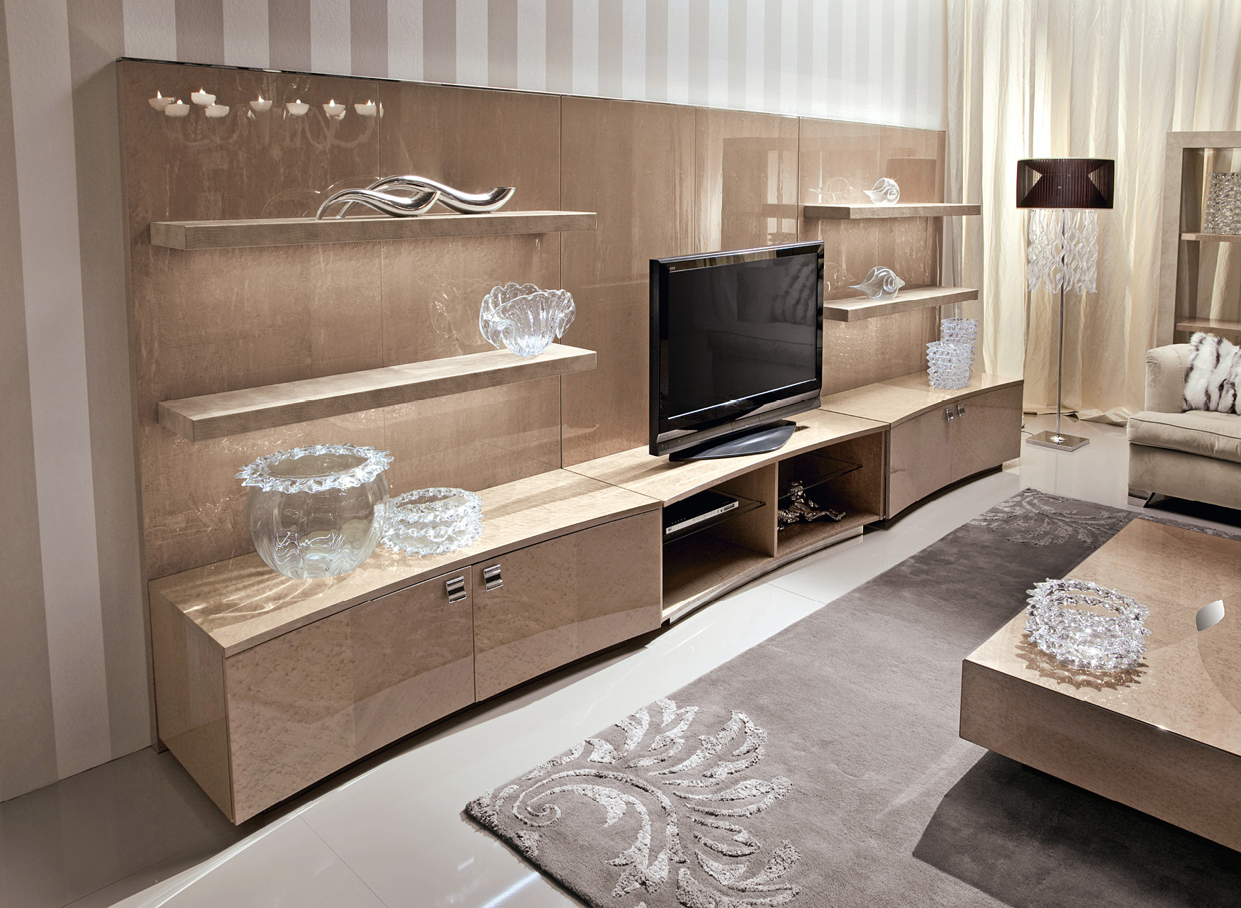 300/40  Sunrise Тумба под ТВ со стеновой панелью и полками в коже - giorgio collection  - Вид №1