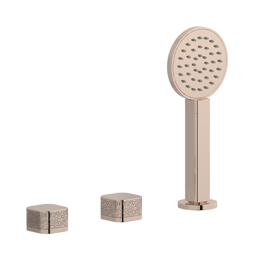 Смеситель на бортик ванной на 3 отверстия с изливом, дивертером и душевым гарнитуром. WE ARE IB eo397rs_2 Rose Gold Elio