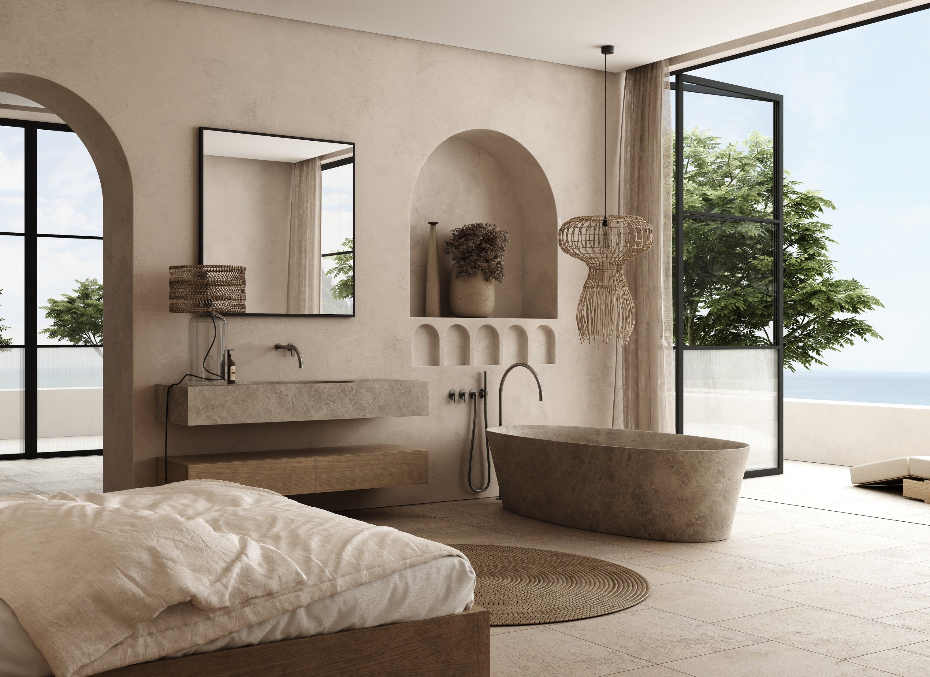 Мраморная овальная ванна в центре комнаты COCOON Maison ARCH-00047825 - Вид №9