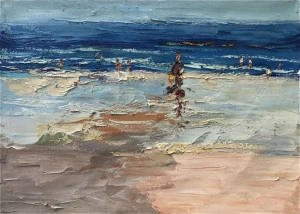 Картина на холсте 100х150 см "Люди на пляже - 1" EVENHOME КАРТИНЫ МАСЛОМ 129978 Бежевый;голубой;синий;разноцветный