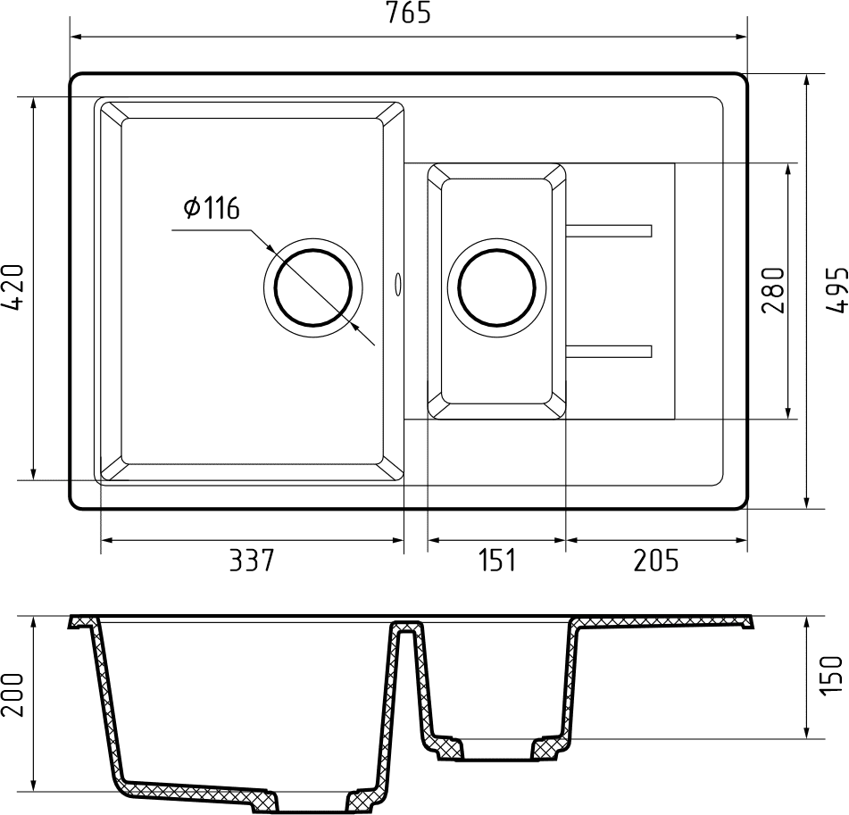 Кухонная мойка Искусственный камень QUADRO S296 GranFest Q-775KL-S296 - Вид №1