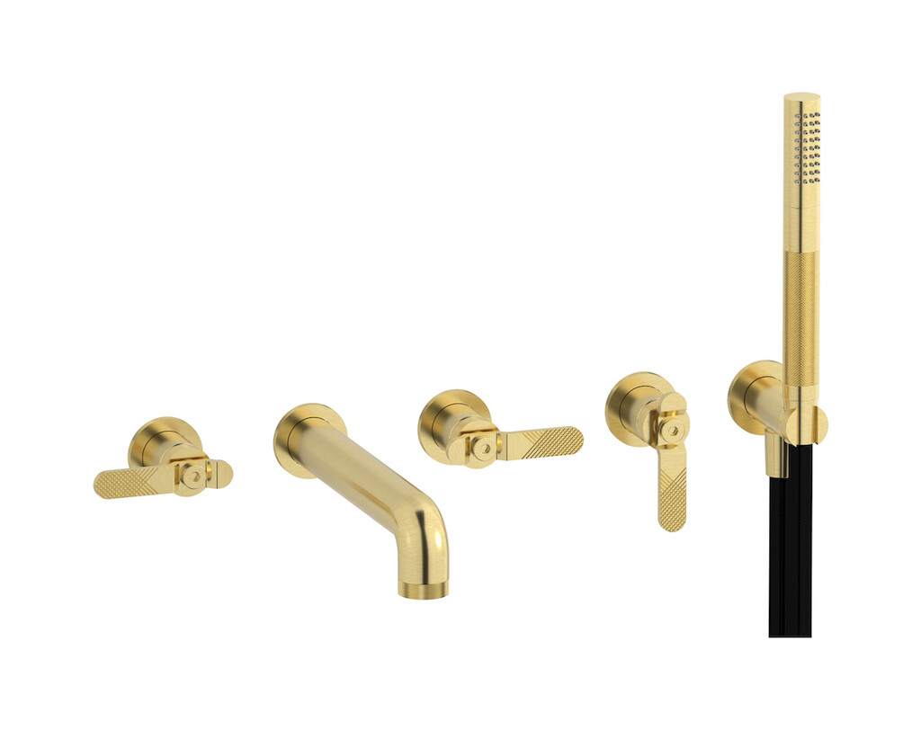 Настенный смеситель для ванной на 5 отверстий с дивертером и душевым гарнитуром. WE ARE IB b2398is Brushed Pale Gold Bold