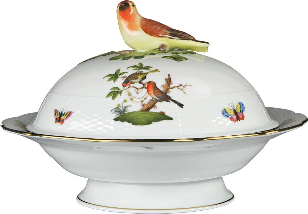 62410 Herend Блюдо для горячего с крышкой на ножке 0,9л "Ротшильд" (с птичкой) Фарфор 