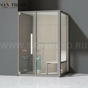 Effegibi H MEDIUM LO81010003 Комбинированная баня: хаммам и душ. Установка: в левый угол. Правая дверь. Мощность: 3 кВт макс. Размеры: длина 152 см, ширина 102 см. Отделка: матовый лакированный серый аллюминий и бежевый ламинат из керамогранита.