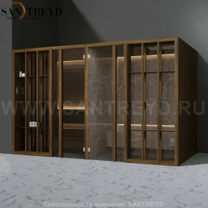 Effegibi YOKU.S SH YO.10320003 Комбинированная баня: хаммам и сауна. Установка: в левый угол. Мощность: 10,5 кВт макс. Размеры: длина 342 см, ширина 170 см. Отделка: чёрный орех и темный керамогранит