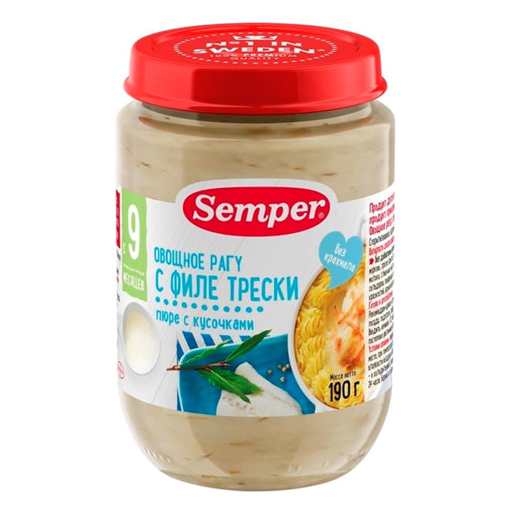 Пюре Овощное рагу с филе трески с 9 месяцев Semper 190 г Santreyd 15738 - Вид №1