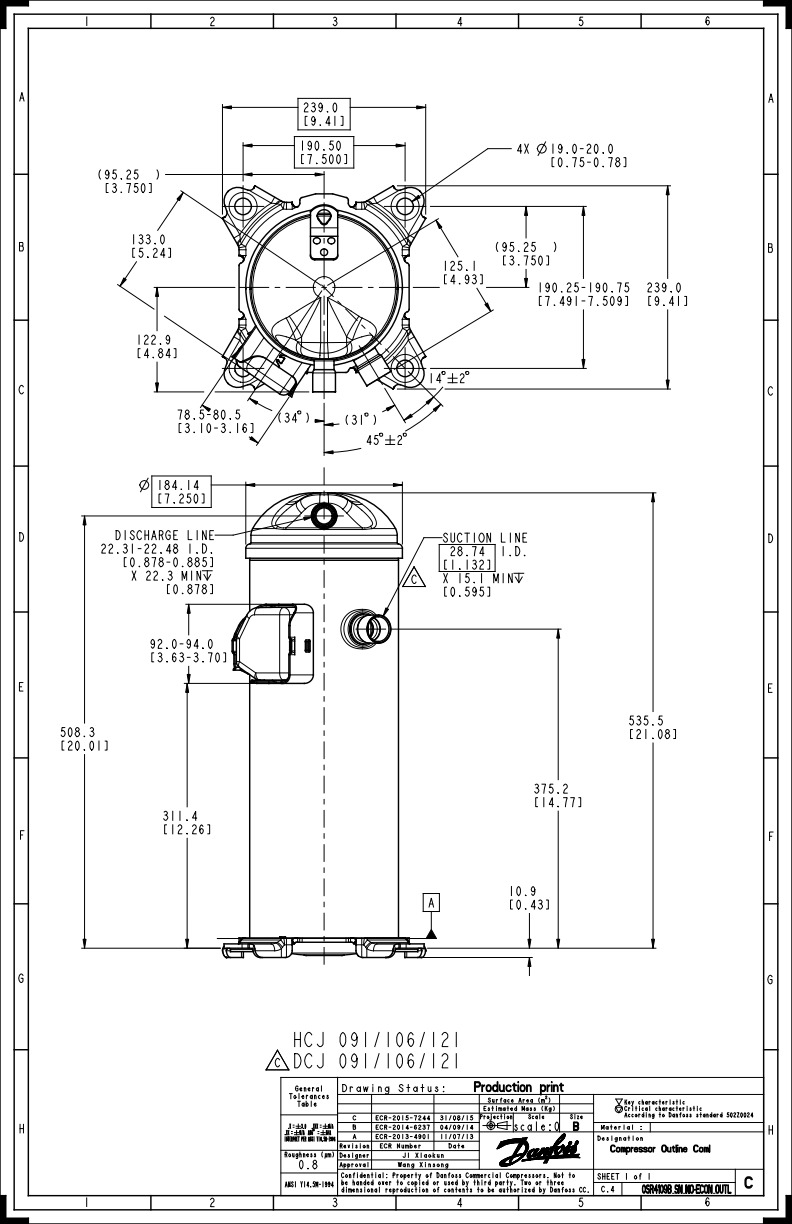 Danfoss DCJ — Герметичные спиральные компрессоры, R401A DCJ106T4LC8 Компрессор спиральный 121L5035  - Вид №2