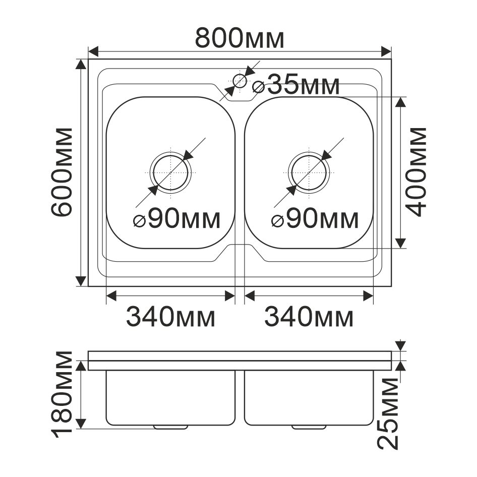 Мойка 8060SP MELANA 0,8/180 2-я чаша накладная прямоугольная с сифоном (061/2 *5) 061/2 (*5) - Вид №1