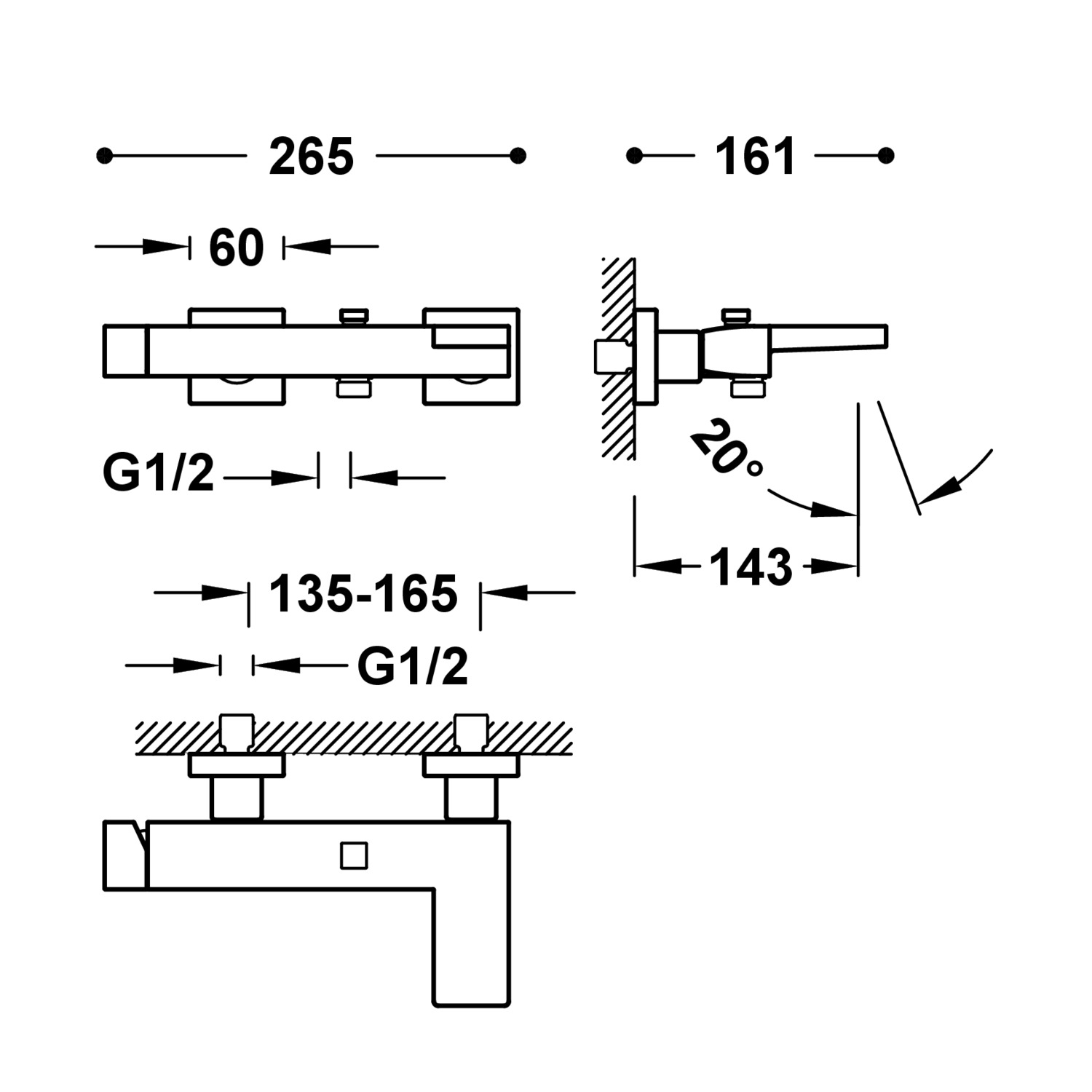 ТОНКИЙ настенный смеситель с одной ручкой для ванны и душа-20217001KMB TRES  - Вид №1