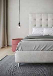 Кожаная двуспальная кровать-контейнер с капитонным изголовьем