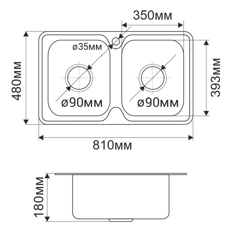 Мойка 8148S MELANA 0,6/180 2-я чаша врезная прямоугольная с сифоном (040 t *8) 040 t (*8) - Вид №3