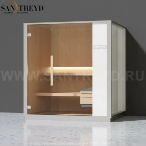 Effegibi ONE S LO50020001 Сауна. Установка: к стене. Правая дверь. Мощность: 6 кВт макс. Размеры: длина 214 см, ширина 171 см. Отделка: Отделка: канадский хемлок, матовый лакированный серый аллюминий и бежевый ламинат из керамогранита.