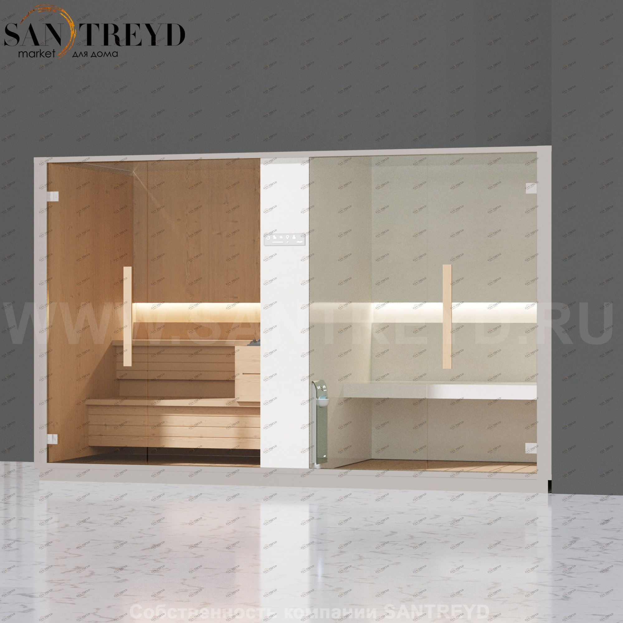 Effegibi LOGICA SH LO40020004 Комбинированная баня: хаммам и сауна. Установка: в правый угол. Мощность: 10,5 кВт макс. Размеры: длина 373 см, ширина 171 см. Отделка: канадский хемлок, матовый лакированный белый аллюминий и серый ламинат из керамогранита.