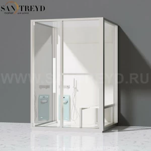 Effegibi H MEDIUM LO81020001 Комбинированная баня: хаммам и душ. Установка: к стене. Правая дверь. Мощность: 3 кВт макс. Размеры: длина 152 см, ширина 102 см. Отделка: матовый лакированный белый аллюминий и серый ламинат из керамогранита.