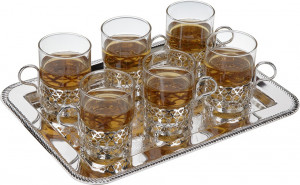 10611735 Queen Anne Набор стаканов с подстаканниками на подносе Queen Anne, 6шт, сталь, стекло, посеребрение Сталь нержавеющая с посеребрением, стекло