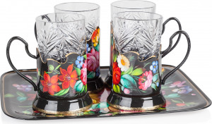 10620668 Жостовская фабрика декоративной росписи Набор из 4 подстаканников в шкатулке с подносом У-300 29х29см (худ.роспись) Латунь