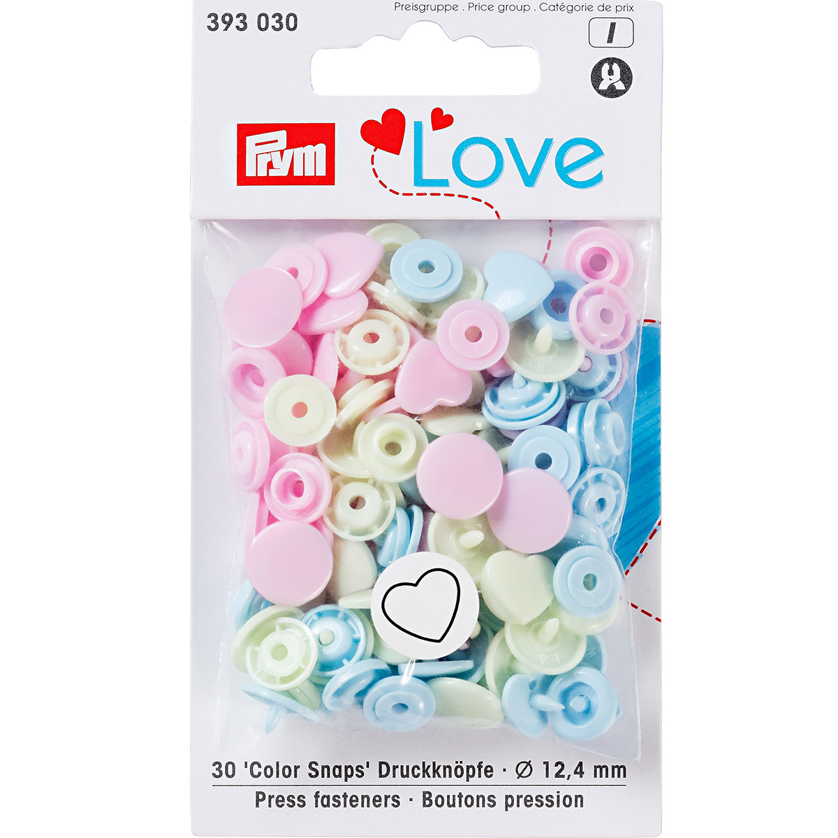 393030 Кнопка PL Color Snaps Сердце пластик d 12.4 мм 30 шт. св.зеленые/розовые/голубые PRYM Prym Love 